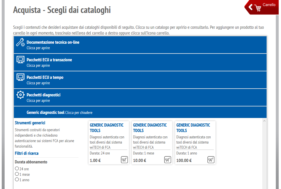 FCA abbonamenti costi diagnosi generic diagnostic tool